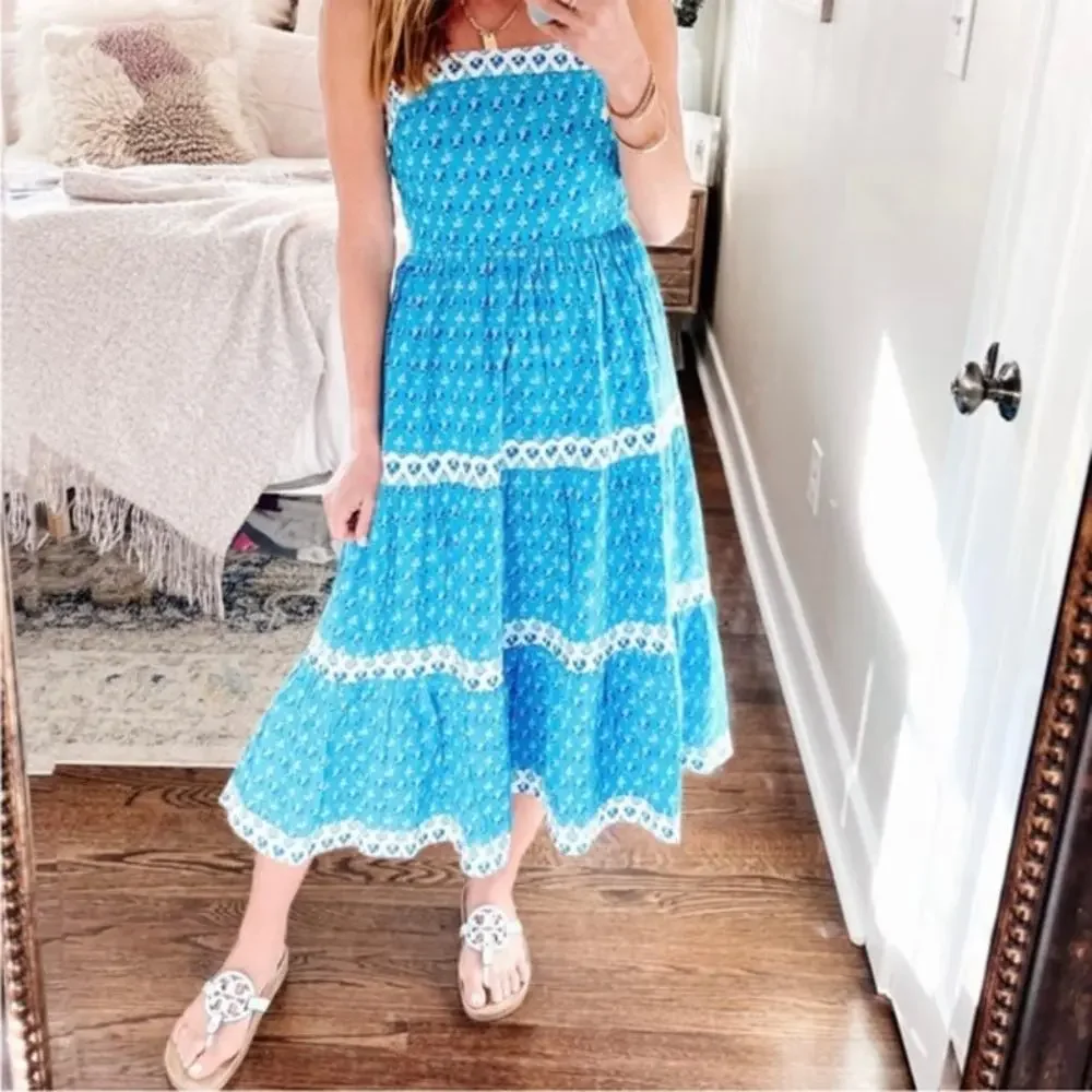 J. Crew Block Print Square Neck Smocked Floral Tiered Midi Dress Size 2 NWT_3